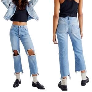 Free People Maggie Jeans Size 26 Cropped Raw Hem Busted Knee Distressed Denim